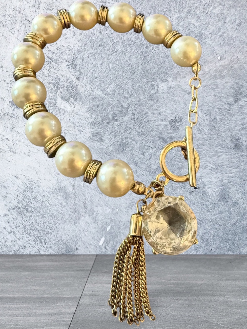 Vintage Faux Pearl Gold Tone Toggle Bracelet Tassel & Crystal Charm 7.5"